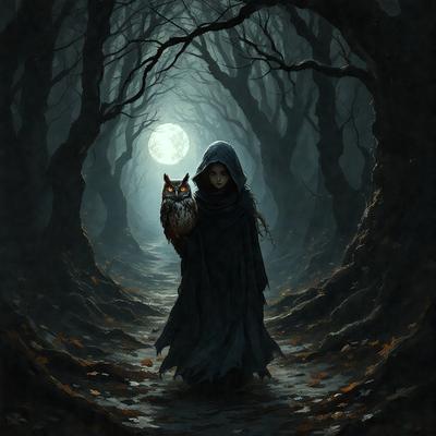 The primary subject of the image is a young girl dressed in a dark cloak, holding an owl in her arms. The setting is a forest, with the girl walking down a path surrounded by trees. The visual style is a digital art illustration, creating a moody and mysterious atmosphere. The colors are predominantly dark, with the owl being the only bright spot in the scene.